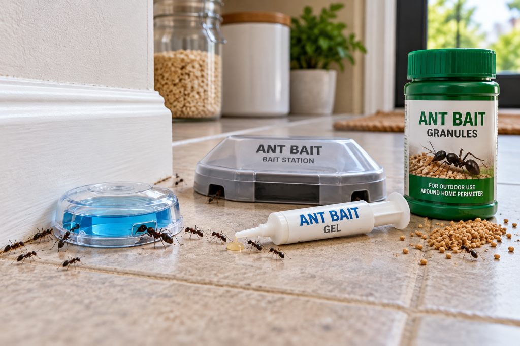 Ant bait products including liquid bait, gel, bait station, and granules placed along a kitchen baseboard with ants approaching the bait.