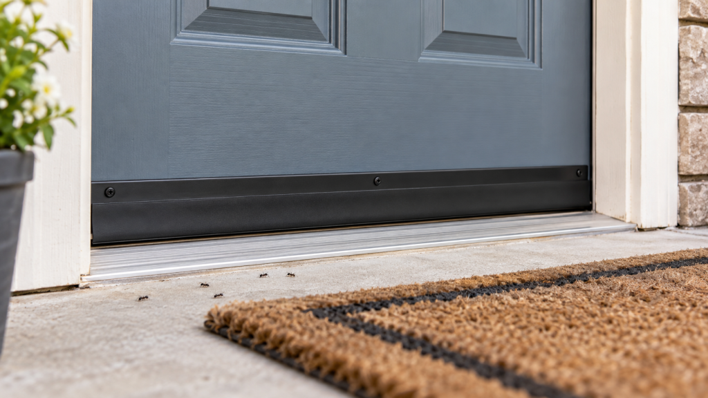 Close-up of a front exterior door with a full-width black door sweep sealing tightly against the entry sill while ants remain outside on the concrete.