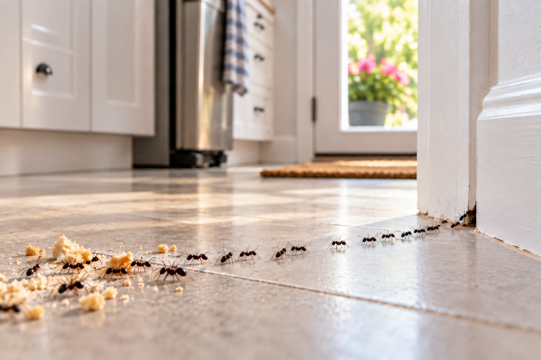 Ant trail crossing a sunlit kitchen floor from a small wall gap toward food crumbs near the cabinets.