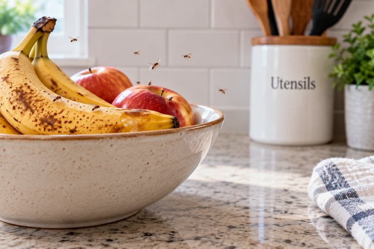 Fruit flies hovering around overripe bananas and apples in a kitchen fruit bowl on the countertop.