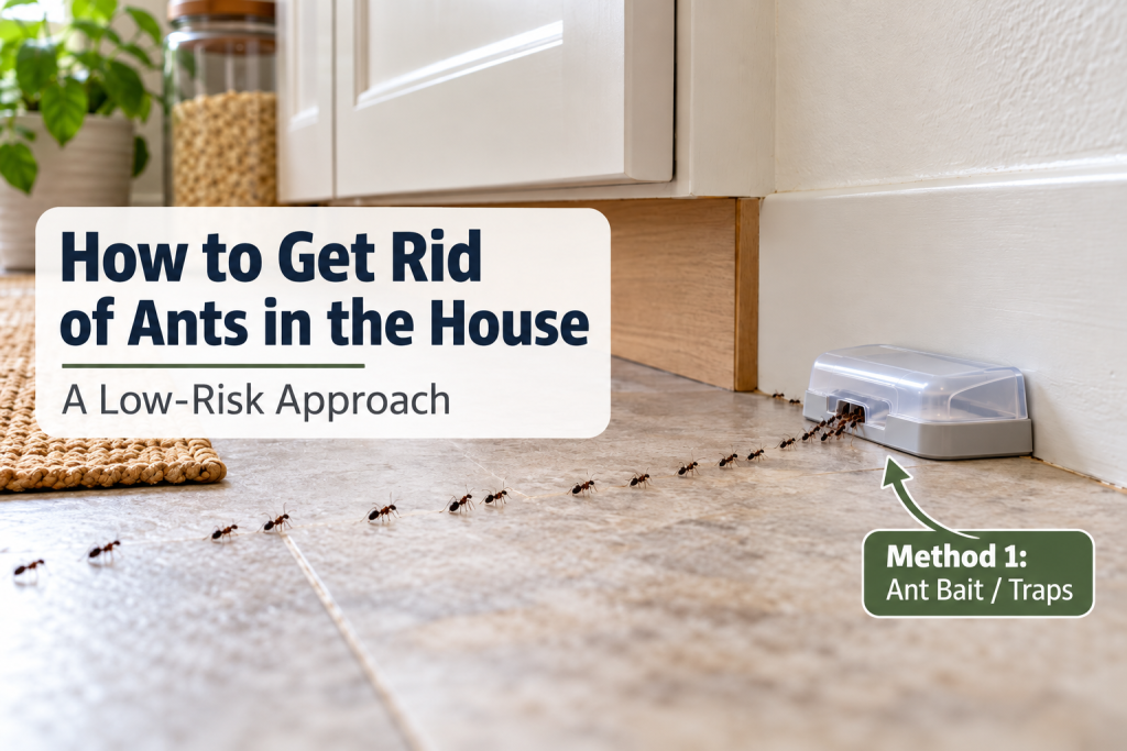Ant trail leading to an enclosed ant bait station along a kitchen baseboard, illustrating a low-risk indoor ant control method.