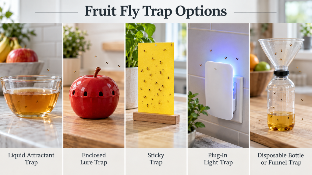 Comparison of five fruit fly trap types: liquid attractant, enclosed lure, sticky trap, plug-in light trap, and disposable funnel trap.