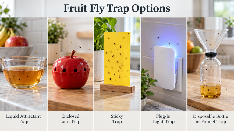 Comparison of five fruit fly trap types: liquid attractant, enclosed lure, sticky trap, plug-in light trap, and disposable funnel trap.