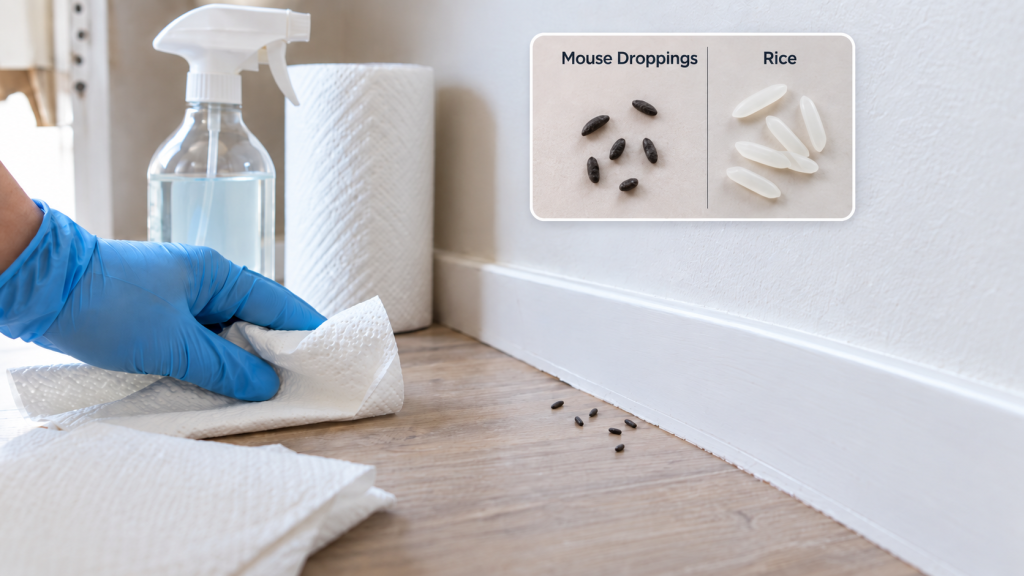 Gloved hand cleaning small mouse droppings from a pantry floor, with an inset showing mouse droppings compared to grains of rice for size reference.