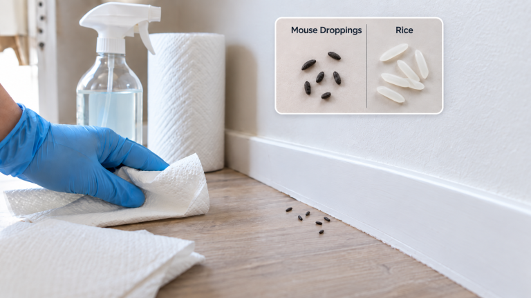 Gloved hand cleaning small mouse droppings from a pantry floor, with an inset showing mouse droppings compared to grains of rice for size reference.