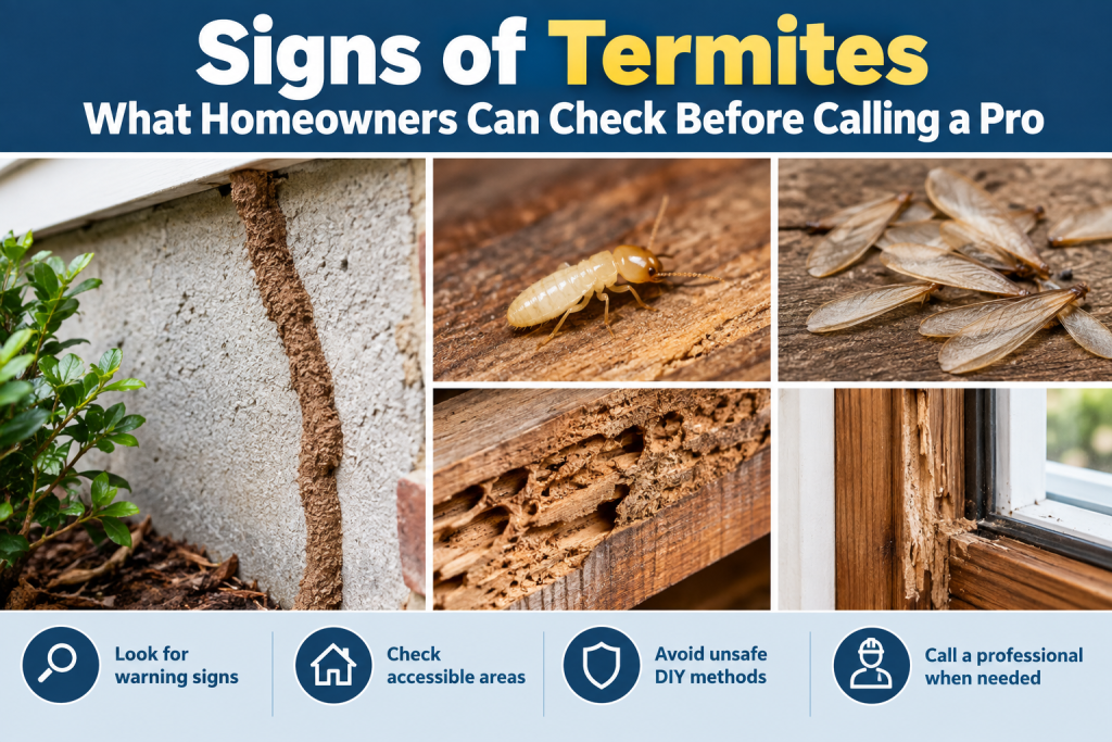 Infographic showing common signs of termites, including mud tubes, discarded wings, swarmers, damaged wood, and a homeowner checking an accessible area.