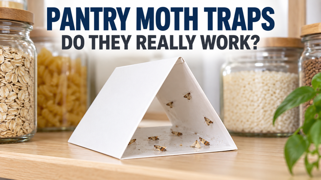 Triangular pantry moth trap on a kitchen counter with pantry moths caught inside, shown in front of clear food-storage jars under the heading “Pantry Moth Traps: Do They Really Work?”