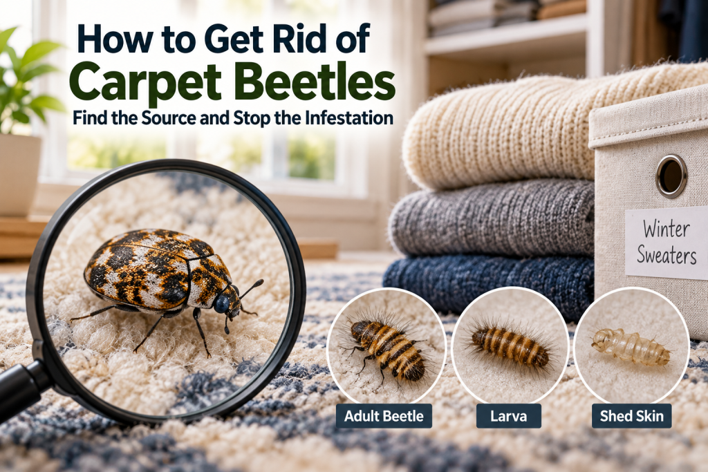 Carpet beetle identification image showing an adult beetle, fuzzy larva, shed skin, wool rug, and stored sweaters in a home setting.