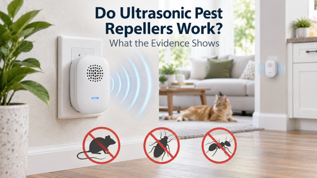 Ultrasonic pest repeller plugged into a wall outlet in a living room with pest icons showing mice, roaches, and ants under the heading “Do Ultrasonic Pest Repellers Work?”