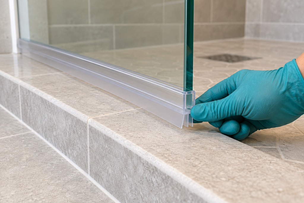 Shower door sweep replacement showing a teal-gloved hand fitting a clear bottom seal onto a glass door above a tiled threshold.