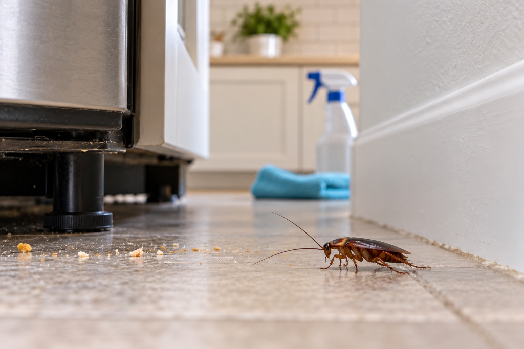 Cockroach on a kitchen floor near crumbs and an appliance, with cleaning supplies visible in the background.
