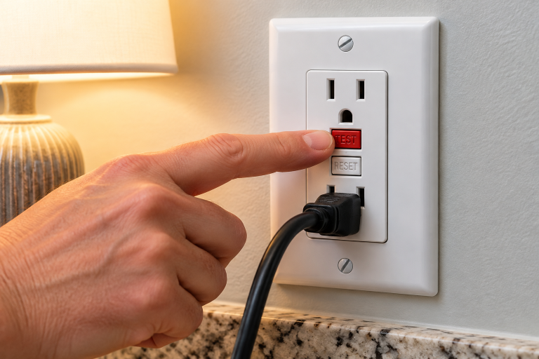 Hand pressing the TEST button on a GFCI outlet with a lamp plugged into the receptacle.