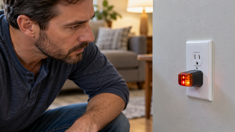 Homeowner checking an electrical outlet with a plug-in outlet tester showing a warning indication.