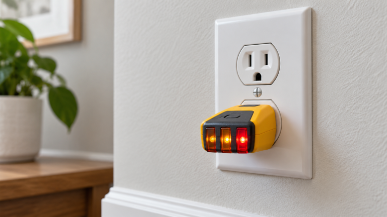 Plug-in outlet tester inserted into a wall receptacle with warning lights indicating a possible open-neutral wiring problem.