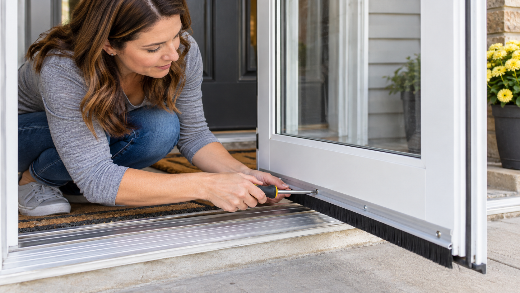 Homeowner using a screwdriver to replace the bottom sweep on a white storm door at the entry threshold.