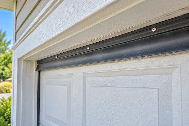 Garage door top seal along the header making contact with a closed white garage door