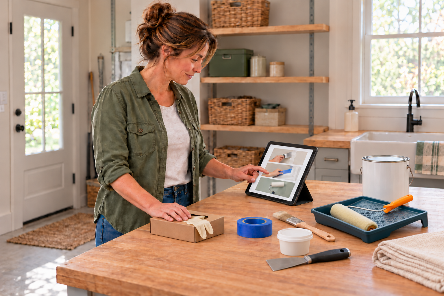 Homeowner reviewing interior painting steps and preparing supplies