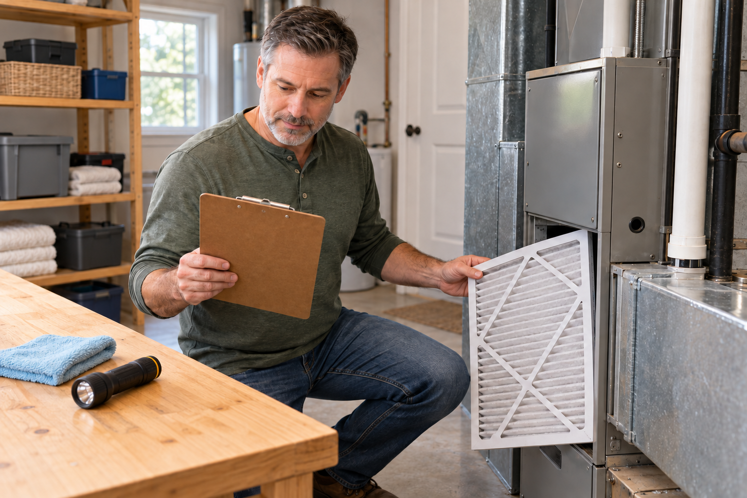 Homeowner reviewing a maintenance checklist while replacing an HVAC filter