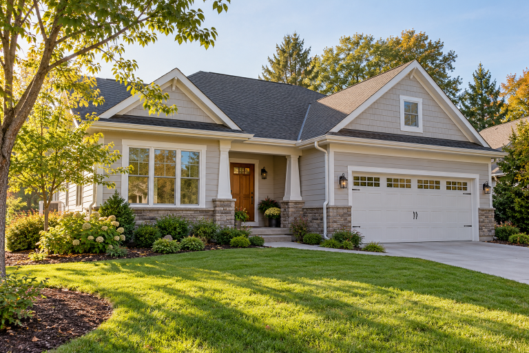 Well-maintained home exterior with a sound roof, gutters, windows, and landscaping